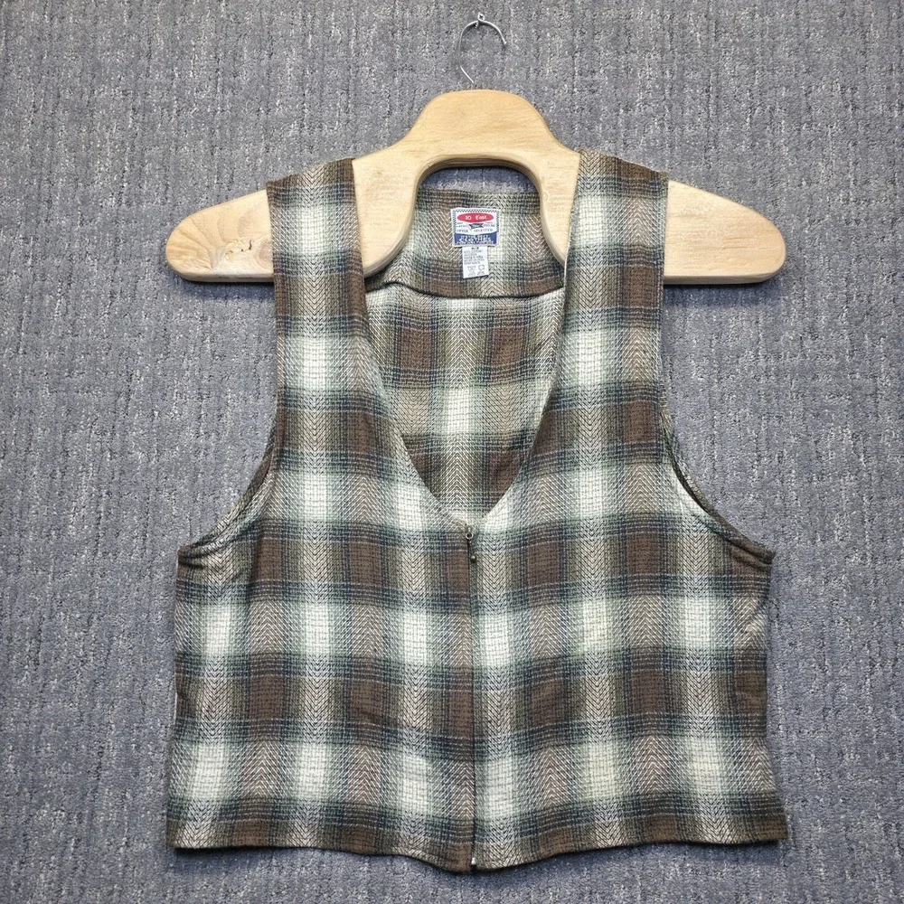 Vintage 10 East Plaid Vest Medium Cropped Flannel Herringbone Zip‎ Brown Green